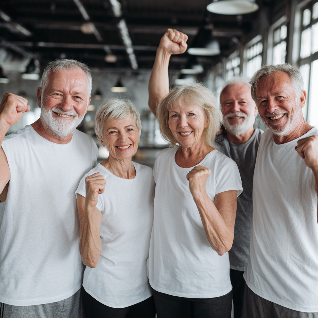 Group of middle-aged adults celebrating fitness achievements together